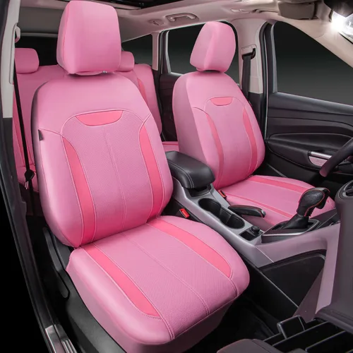 Miniatura 2 de CAR PASS Juego completo de fundas de asiento de automóvil de cuero rosa, protección de asiento impermeable transpirable de lujo, compatible con Rosa