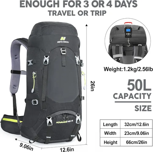 Miniatura 3 de N NEVO RHINO - Mochila de senderismo con marco interno 50, 60, 65, 70 y 80 L, mochila impermeable para escalar, camping, con cubierta de lluvia 07