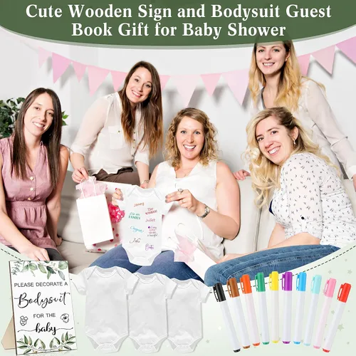 Miniatura 7 de Handepo Juego de 26 piezas para baby shower, 1 cartel de madera, 15 mamelucos blancos, 10 marcadores de tela para kit de decoración de nacimiento