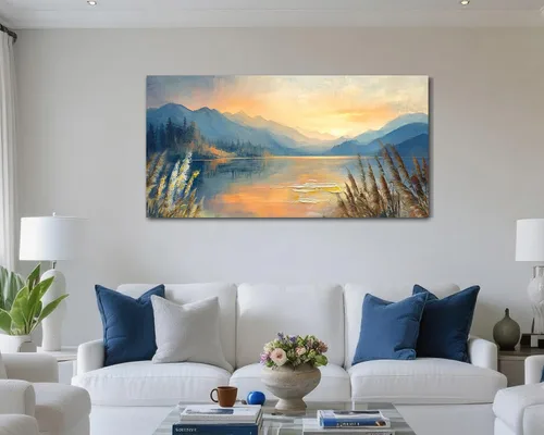 Miniatura 2 de Arjun Pintura de paisaje, puesta de sol, montaña, lago, lienzo, arte de pared, enmarcado grande, 40 x 20 pulgadas, azul suave, cálido, sereno