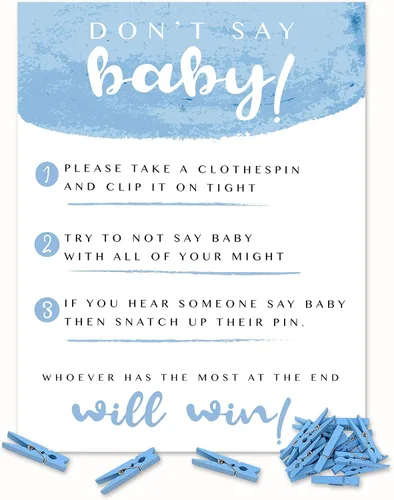 Miniatura 5 de Shower Games & Co. Juego de Don't Say Baby para niño con pinzas de madera natural para baby shower, juego de pines y lindo letrero de 5 x 7