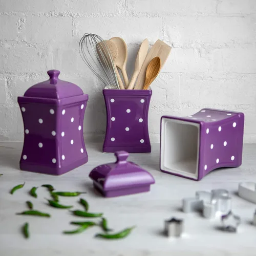Miniatura 2 de City to Cottage Juego de 3 tarros de almacenamiento de cerámica de 31.5 onzas (30.4 fl oz) con lunares morados y blancos hechos a mano, recipientes