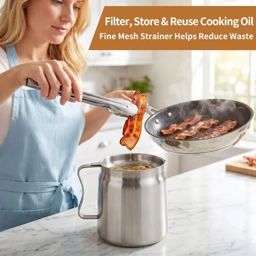 Miniatura 9 de Recipiente de Filtro de Aceite de 2L para Guardar Grasa de Tocino con Colador, Recipiente de Grasa de Tocino de Acero para Verter de 68oz de Gran