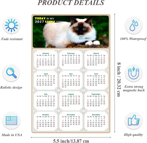 Miniatura 3 de Calendario magnético 2024 – Imanes del calendario – Today is my Lucky Day – Resistente a la decoloración, desgarros y agua – Temática de gato 02
