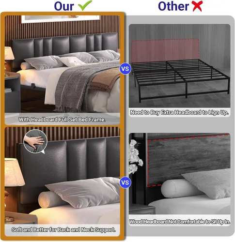 Miniatura 5 de Besiost Base de cama tamaño King con cabecera ajustable de 3 alturas, cama de plataforma tapizada de cuero con luz LED y estación de carga, soporte