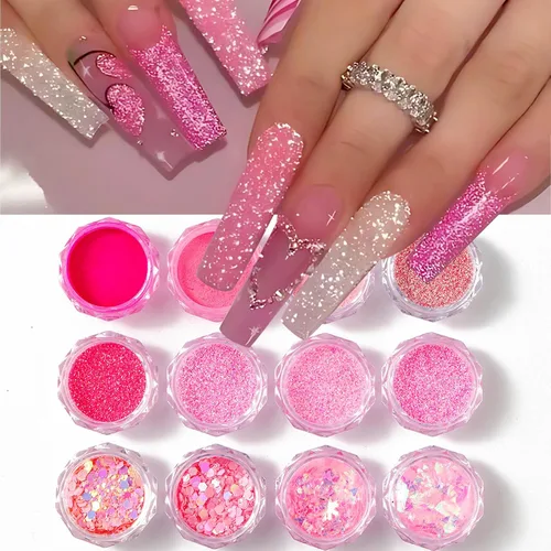 Miniatura 6 de Juego de polvos de purpurina rosa para arte de uñas, 12 frascos holográficos de lentejuelas para el día de San Valentín con cepillo, capa