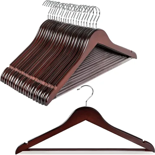 Miniatura 18 de TOPIA HANGER Perchas de madera para abrigos, paquete de 30 perchas de madera negra con barra antideslizante para pantalones, gancho giratorio