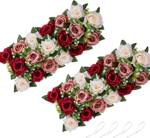 Miniatura 23 de NUPTIO Centros de mesa de flores artificiales para mesas, 6 unidades, color borgoña, rosa polvorienta y blanco cremoso, arreglos de rosas falsas
