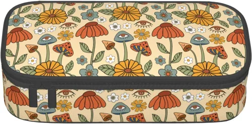 Miniatura 8 de Estuche organizador retro hippie de los años 70 con diseño de hongos florales de gran capacidad, papelería con cremallera, suministros escolares