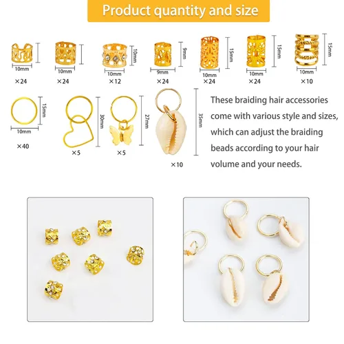Miniatura 3 de 202 piezas de joyería para mujer, trenzas de rastas de rastas y cuentas, anillos trenzados/puños, conchas, corazón, mariposa, colgantes/clips
