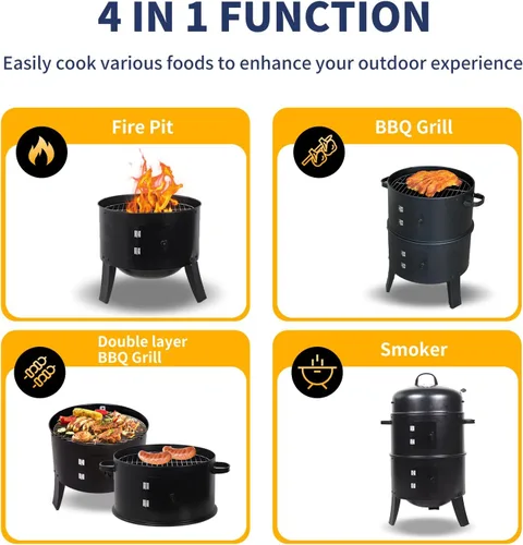 Miniatura 5 de Ahumador vertical de carbón de 16 pulgadas, mini parrilla de barbacoa, hoguera, 3 en 1 con termómetro integrado, ventilación de aire ajustable