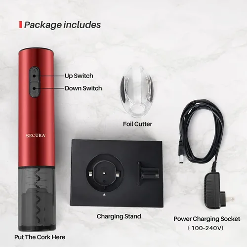 Miniatura 7 de Secura Abridor de vino eléctrico, sacacorchos eléctrico automático de botellas de vino con cortador de papel de aluminio, recargable (rojo)