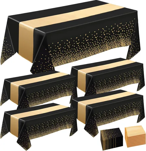 Juego de 4 manteles y camino de mesa satinado, 4 manteles de punto negro y dorado de 54 x 108 pulgadas, 4 caminos de mesa de satén dorados de 11 x