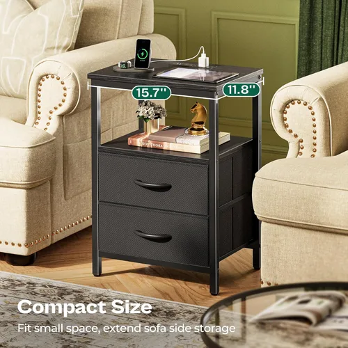 Miniatura 8 de Huuger - Mesita de noche con estación de carga y luces LED, mesita de noche con 2 cajones, mesa auxiliar de cama con estante abierto, mesa auxiliar