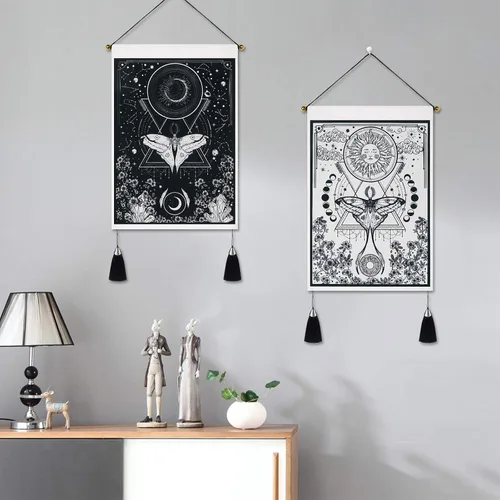 Miniatura 3 de Paquete de 2 tapices de sol y luna, tapiz blanco y negro con diseño de vid de flores, para colgar en la pared para habitación (13.8 x 19.7 pulgadas)