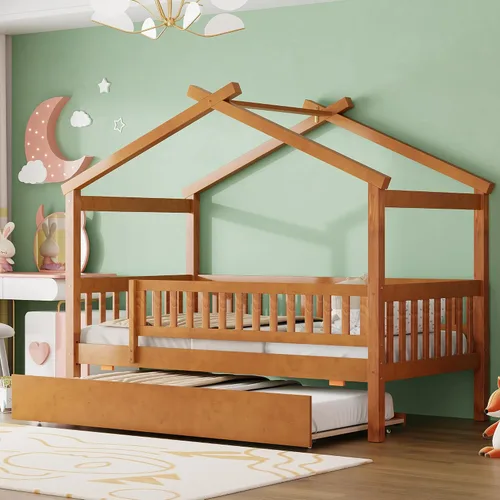 Miniatura 22 de JIVOIT Cama de plataforma de madera con dos cajones, cama de casa tamaño individual con diseño de techo, patas de pino macizo, cabecera y estribo
