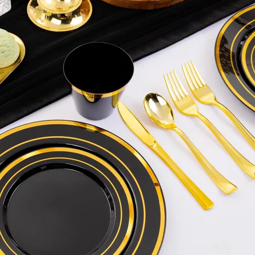Miniatura 2 de WELLIFE Juego de vajilla desechable de 150 piezas, color negro y dorado, platos de plástico para fiestas, incluye 25 platos de ensalada, vasos