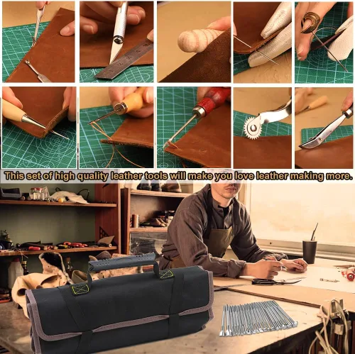 Miniatura 7 de Tikjiua 456 piezas de herramientas para trabajar el cuero con delantal y bolsa de herramientas, kit de manualidades de cuero con herramientas