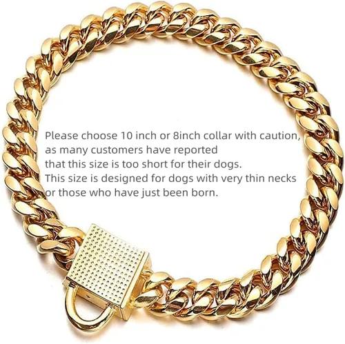Miniatura 6 de Collar de cadena dorado para perro de 10mm de ancho, collar de eslabones cubanos para cachorros, acero inoxidable 316L con cierre de diamante CZ