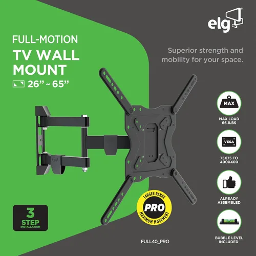 Miniatura 2 de ELG Soporte de pared articulado de movimiento completo para TV con giro, inclinación y extensión para televisores de 26-65" de hasta 66.1 libras