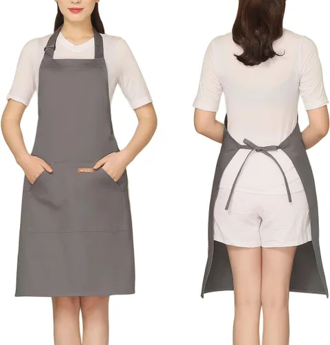 Miniatura 19 de NEWGEM Delantal 100% algodón con espalda cruzada para mujer con 2 bolsillos, correas de botón ajustables, sin dolor de cuello, delantal de chef