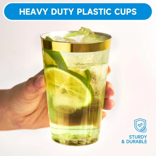 Miniatura 3 de RACETOP Paquete de 200 vasos de plástico desechables de 14 onzas con borde dorado, vasos de plástico desechables con borde dorado para fiestas