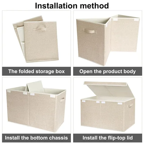 Miniatura 5 de Baúl grande de almacenamiento para juguetes con tapa - Cajas organizadoras plegables para niños con asas para niños, niñas, guardería, sala de Beige