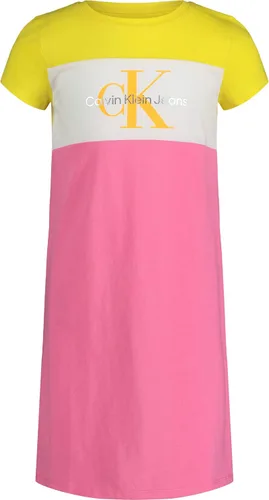 Calvin Klein Vestido camiseta de manga corta para niña, estilo suéter con cuello redondo, detalles de logotipo
