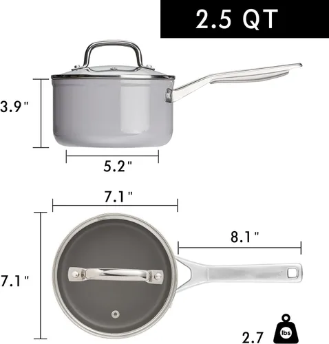 Miniatura 6 de MSMK Cacerola esmaltada de cerámica sin PFAS de 2.5 cuartos de galón con tapa de vidrio templado, arroz quemado también antiadherente, apto para Gris