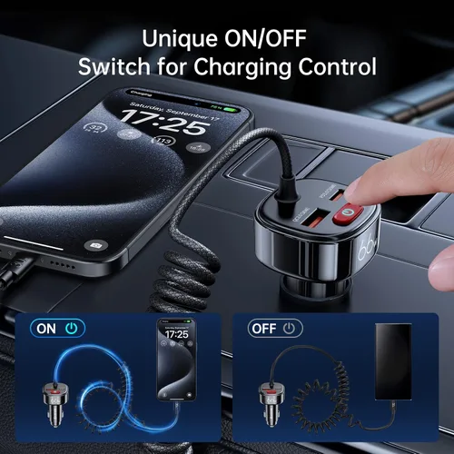 Miniatura 2 de Syncwire Cargador de coche USB C con [prevención de fugas de batería] Adaptador de coche súper rápido de 66 W con PD y QC 3.0 Cable en espiral tipo