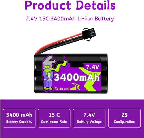 Miniatura 2 de Batería de 3400mAh 7.4V con enchufe SM-3P, batería recargable de alta capacidad para camión RC G03060R, Huina 1575, DE43 DE60 Racing Car Nueva