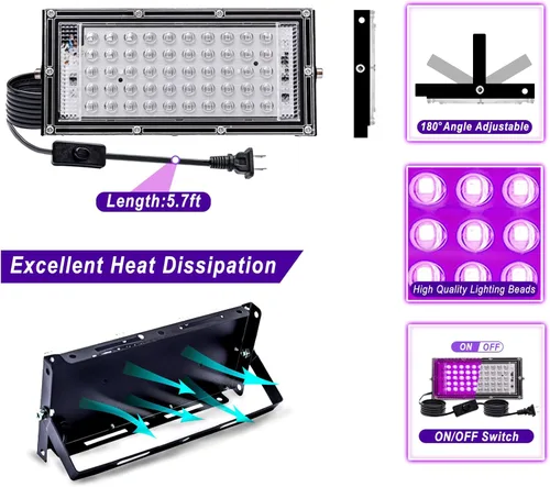 Miniatura 6 de 1 paquete de luz negra de 50 W, luz negra LED con enchufe e interruptor de EE. UU., luces negras para fiestas brillantes y de neón, Halloween
