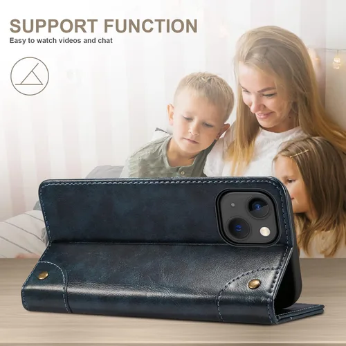 Miniatura 4 de SINIANL Funda compatible con iPhone 15, funda de piel azul con soporte magnético, soporte para tarjetas de crédito, funda tipo cartera