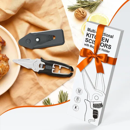 Miniatura 7 de Tijeras de cocina multifuncionales, tijeras de cocina con soporte magnético y bloqueo de seguridad, tijeras de aves de corral resistentes, acero