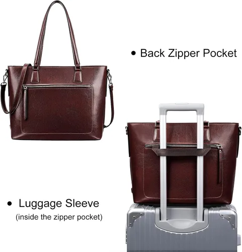 Miniatura 6 de S-ZONE Bolso de mano de cuero genuino para mujer, maletín vintage, bolso de trabajo, bolso grande de 15.6 pulgadas, L