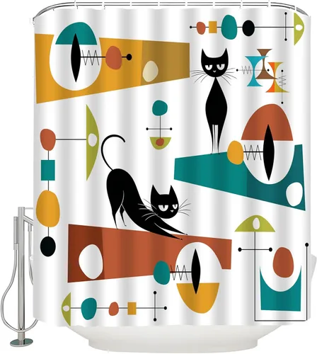 Miniatura 7 de Mid Century Black Cat Shower Curtain Modern Atomic Abstract Geometric Iconic Pattern Retro Black Kitty Animal 1950s 1960s Vintage Funny Teal Fabric
