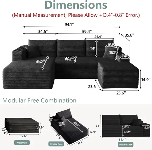 Miniatura 2 de Sofá modular de 95 pulgadas con otomana, moderno sofá nube de pana con asiento profundo, sofá sin hueso tapizado de 3 plazas en forma de U para sala