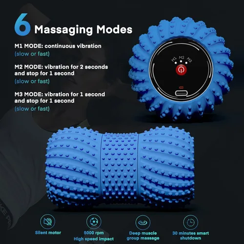 Miniatura 4 de Pelota de masaje de maní vibratoria 2 en 1 con 6 modos de masaje, bola de rodillo de masaje vibratoria recargable para recuperación muscular, azul