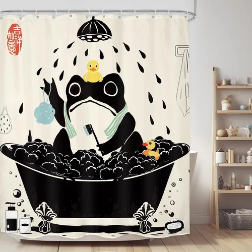 Miniatura 18 de Cortina de Ducha Divertida de Rana Juego de Baño 48 Pulgadas de Ancho x 71 Pulgadas de Alto Lindo Animal Retro Tomando Ducha Patito de Goma