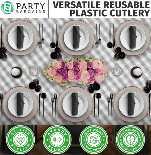 Miniatura 5 de Party Bargains Juego de cubiertos de plástico desechables, 40 unidades, diseño novedoso, negro, 16 tenedores, 8 cuchillos, 16 cucharas, utensilios