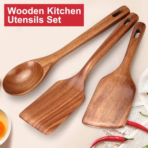 Miniatura 3 de Juego de 3 espátulas de madera grandes, utensilios de cocina, cuchara de madera para cocinar, espátula de servir, espátulas volteadoras, cucharas