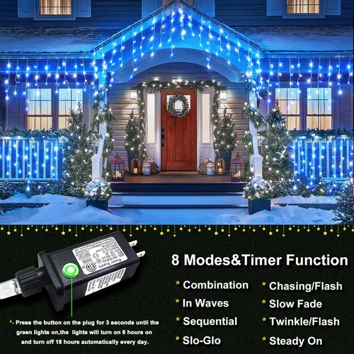 Miniatura 7 de Luces de Navidad de carámbano para exteriores, 66 pies, 640 luces LED de Navidad azules y blancas, 8 modos con 120 gotas, luz de carámbano
