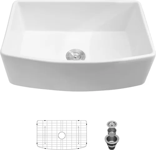 Miniatura 18 de Sarlai - Fregadero de cocina de granja blanco de 33 pulgadas, fregadero de 84 x 51 cm con delantal frontal de cerámica de porcelana vítrea