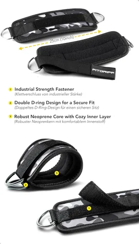 Miniatura 3 de Fitgriff® Correas de tobillo V1 para máquina de cable (2 piezas) - Equipo de entrenamiento para gimnasio - Accesorio de polea para piernas, correas