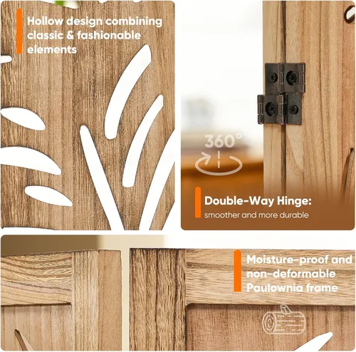 Miniatura 3 de JOSTYLE Divisor de habitación bohemio con tallado de plumas, pantalla de madera calada de 4 paneles, división plegable decorativa para dormitorio
