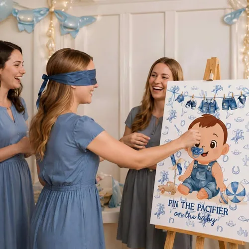 Miniatura 5 de Faccito Pin The Chupete - Juego de baby shower, decoración de fiesta de baby shower, incluye póster grande, 24 calcomanías para chupete, juego