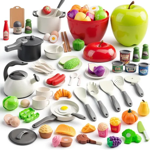 Miniatura 19 de Juego de cocina de 130 piezas, ollas de juego de cocina para niños, sartenes, utensilios de cocina, alimentos diarios, frutas y verduras, cesta