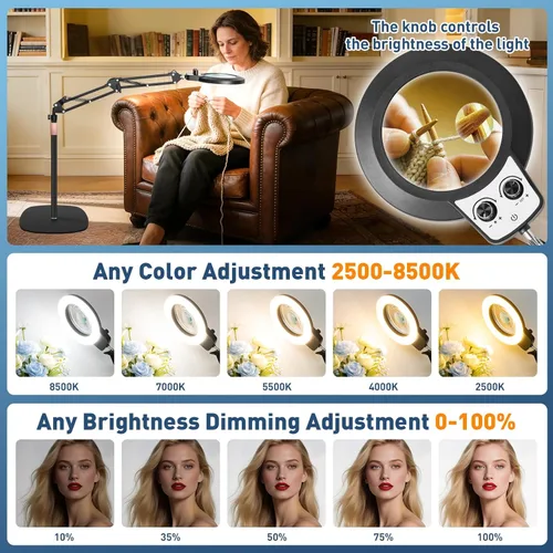 Miniatura 5 de KIRKAS Lámpara de pie con aumento 12X con base para esteticistas de 2,200 lúmenes, lente de cristal iluminada, soporte ajustable y brazo giratorio
