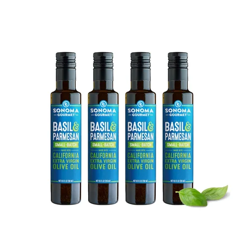Sonoma Gourmet: Aceite de oliva con sabor a albahaca y parmesano | Aceite de oliva virgen extra 100% California | 8.5 onzas líquidas (paquete de 4)