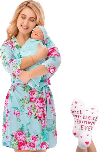Miniatura 26 de ECO BABY - Conjunto de bata y manta para mamá y yo Bata de maternidad y conjunto de bebé a juego para niña, niño Parto hospitalario y parto